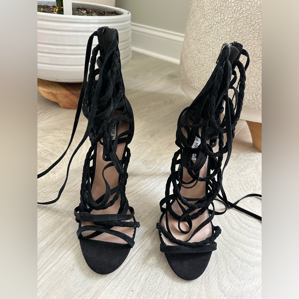 Steve Madden black lace up sexy stiletto open toe heels for women